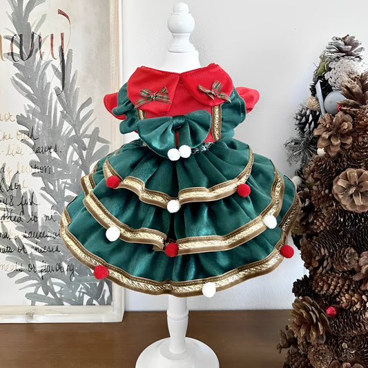 Cute and cozy Christmas princess dress for small dogs with bow and ruffled skirt