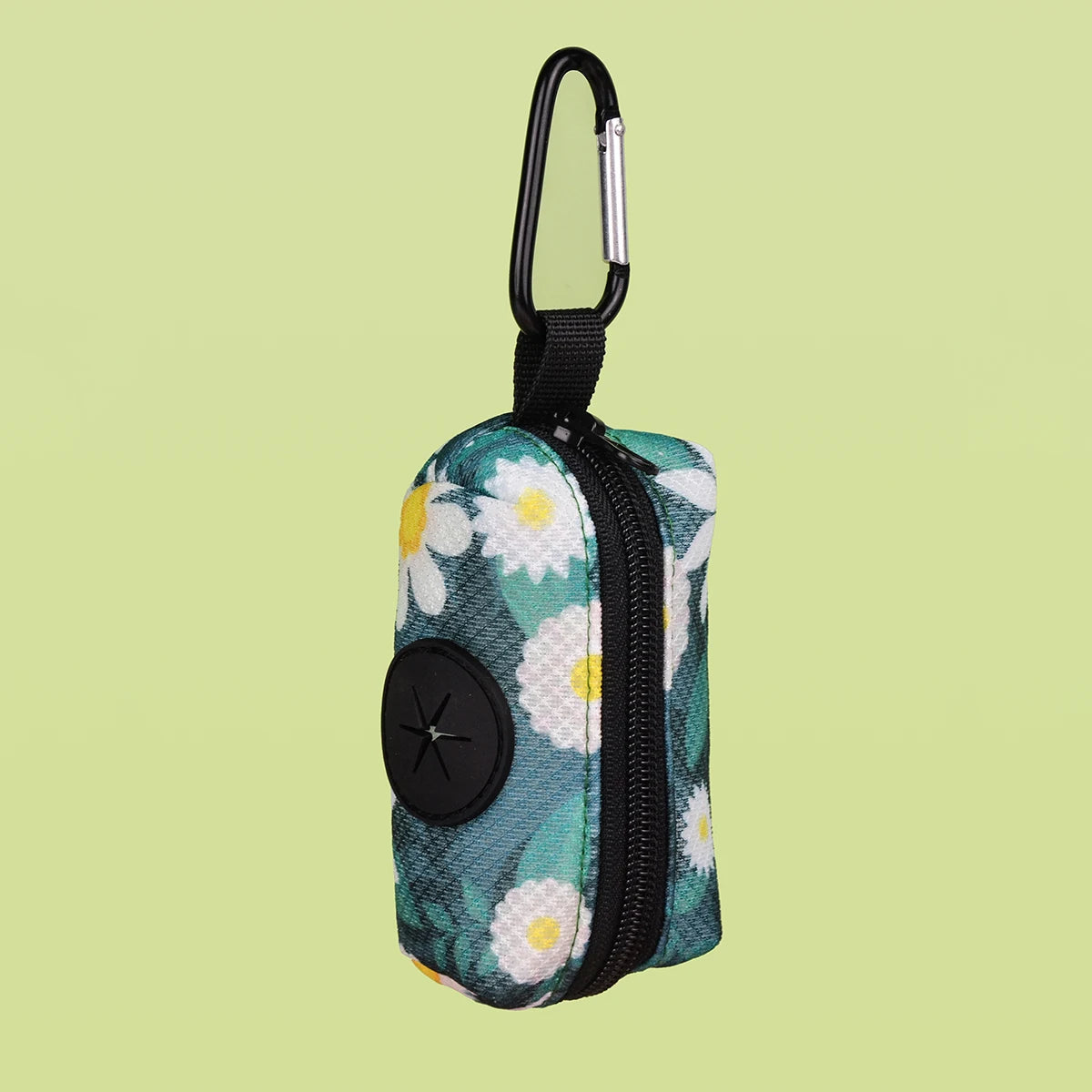 Colorful dog poop bag dispenser with leash clip and stylish print design