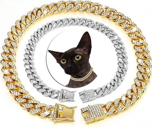 Luxury gold cat necklace with sparkling zirconia diamonds, elegant jewelry collar for cats