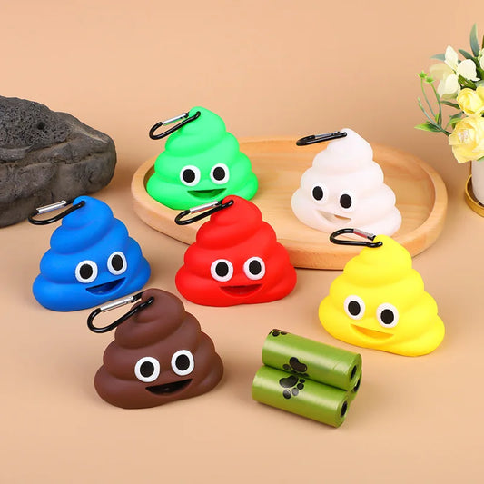 Poop-shaped pet waste bag dispenser clipped to a dog leash
