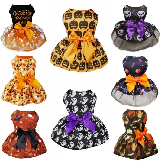 Small dog wearing a Halloween-themed dress with bow and puffy skirt.