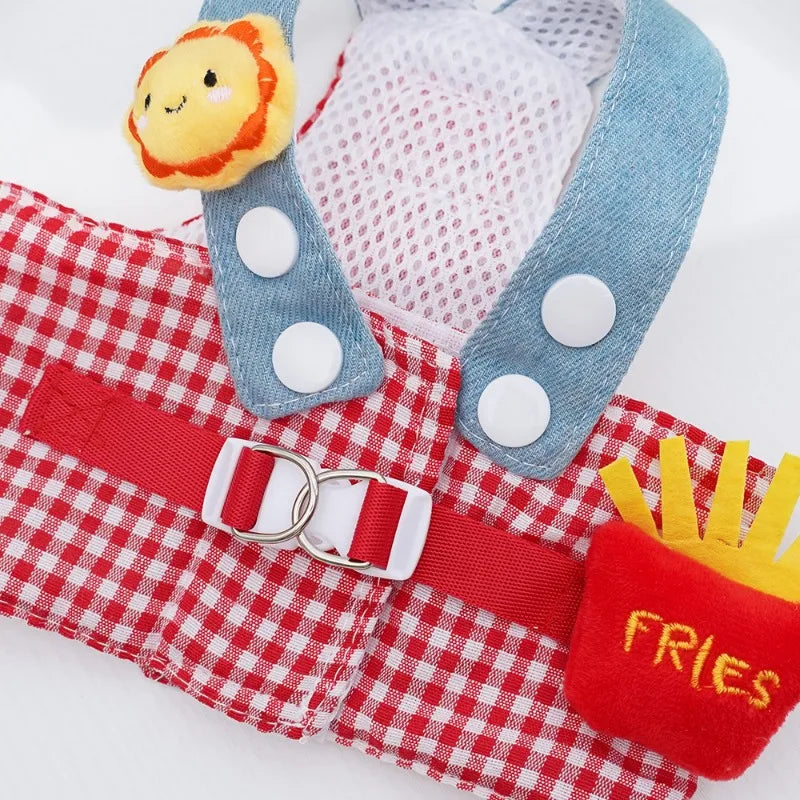 Fries-themed puppy harness set with matching hat and leash, ideal for small dogs on walks and outings.