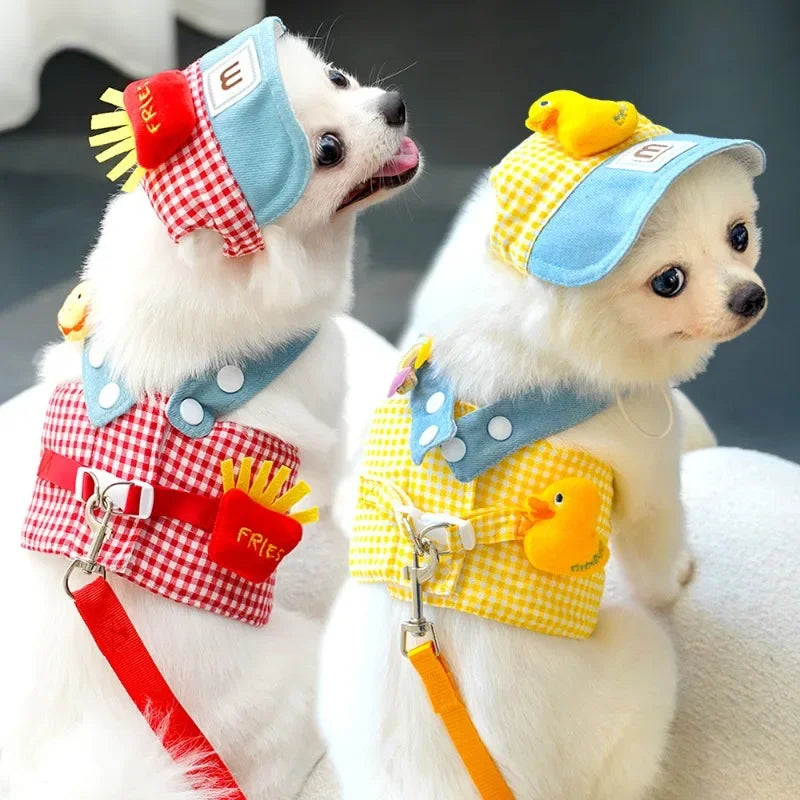 Fries-themed puppy harness set with matching hat and leash, ideal for small dogs on walks and outings.