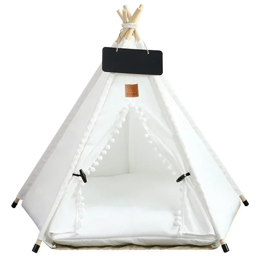 Pet teepee tent for indoor use with cushion, blackboard, and washable cover; cozy retreat for cats and small to medium dogs.
