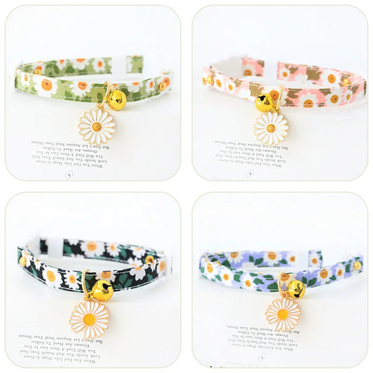 Reflective plaid cat collar with bow and daisy charm for small pets