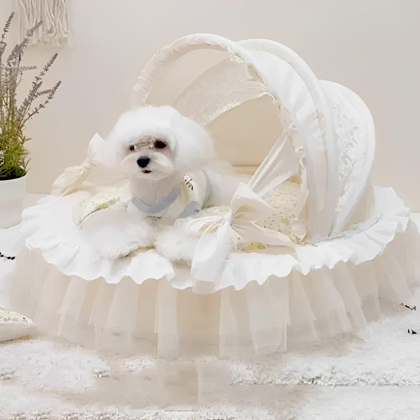 Luxury Princess Dog Bed with Lace Canopy for Small Dogs – Soft Washable Indoor Pet Cradle