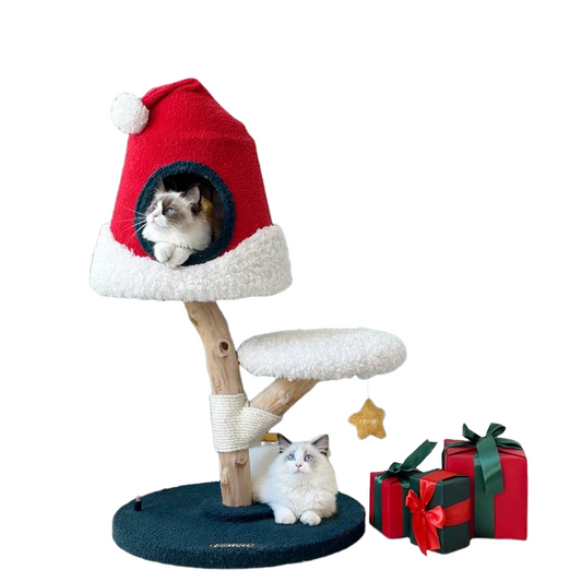 Christmas-themed American cat tree with climbing wall and sisal scratching posts