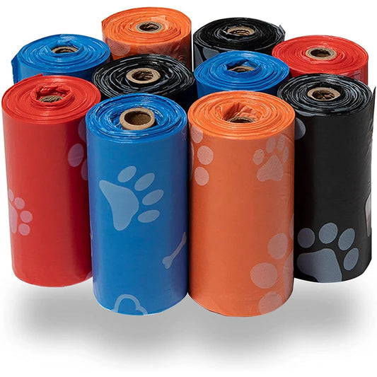 Rolls of scented dog poop bags with eco-friendly label