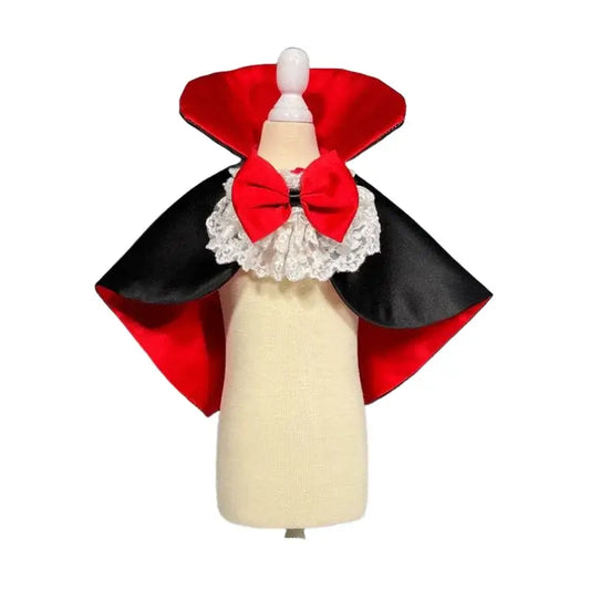 Red and black Halloween vampire cape costume for small to medium dogs, ideal for spooky parties and festive events.