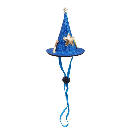 Halloween witch and wizard hat costume for cats and small dogs with adjustable strap for a magical look.