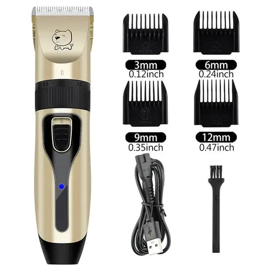 Rechargeable dog hair clipper with quiet motor, stainless steel blades, and ergonomic design for at-home grooming.