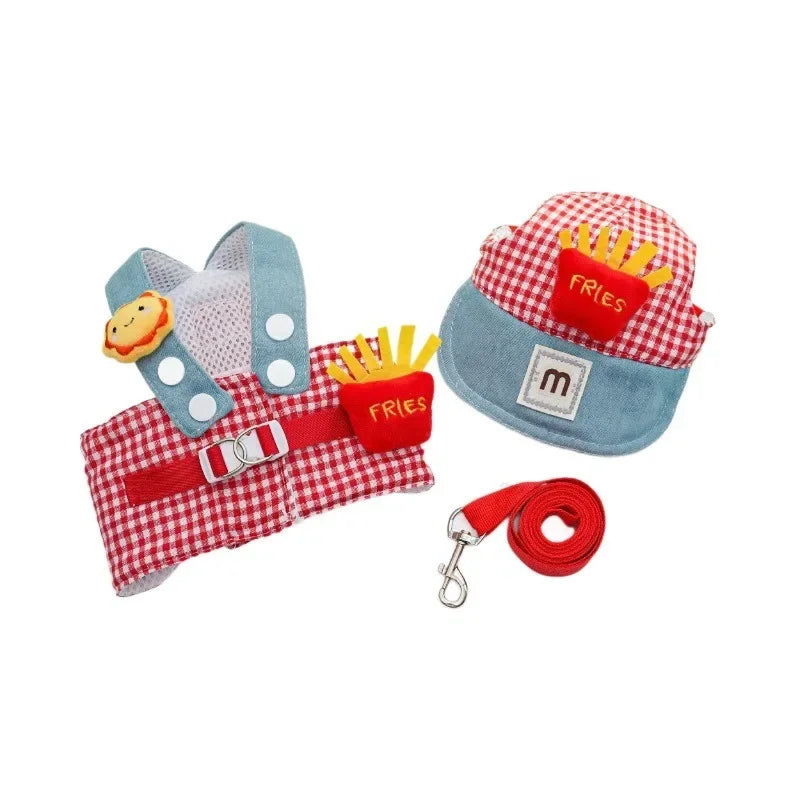 Fries-themed puppy harness set with matching hat and leash, ideal for small dogs on walks and outings.