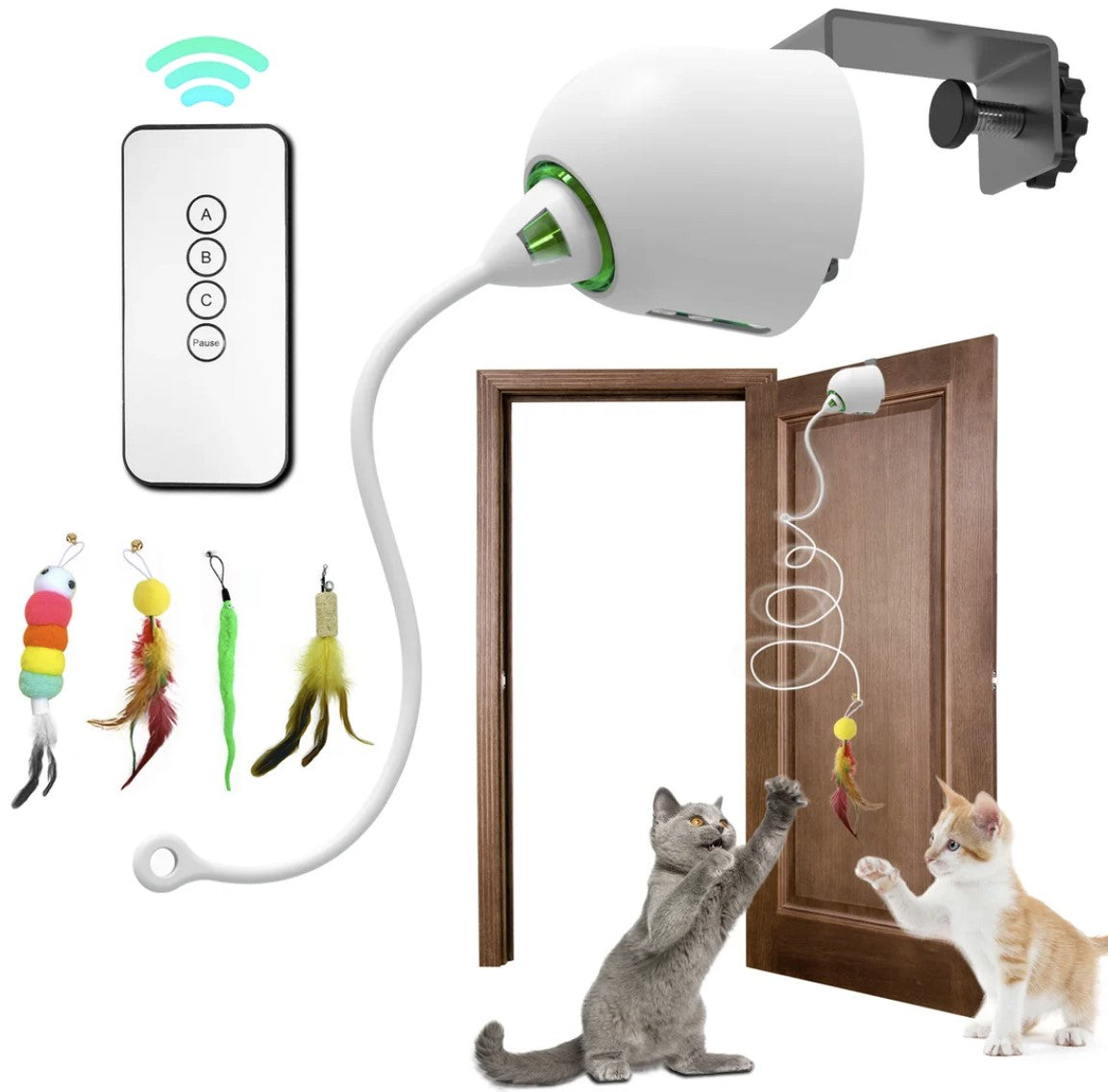 Automoatice interactive cat toy that intstall on doors and two cats play with the toy