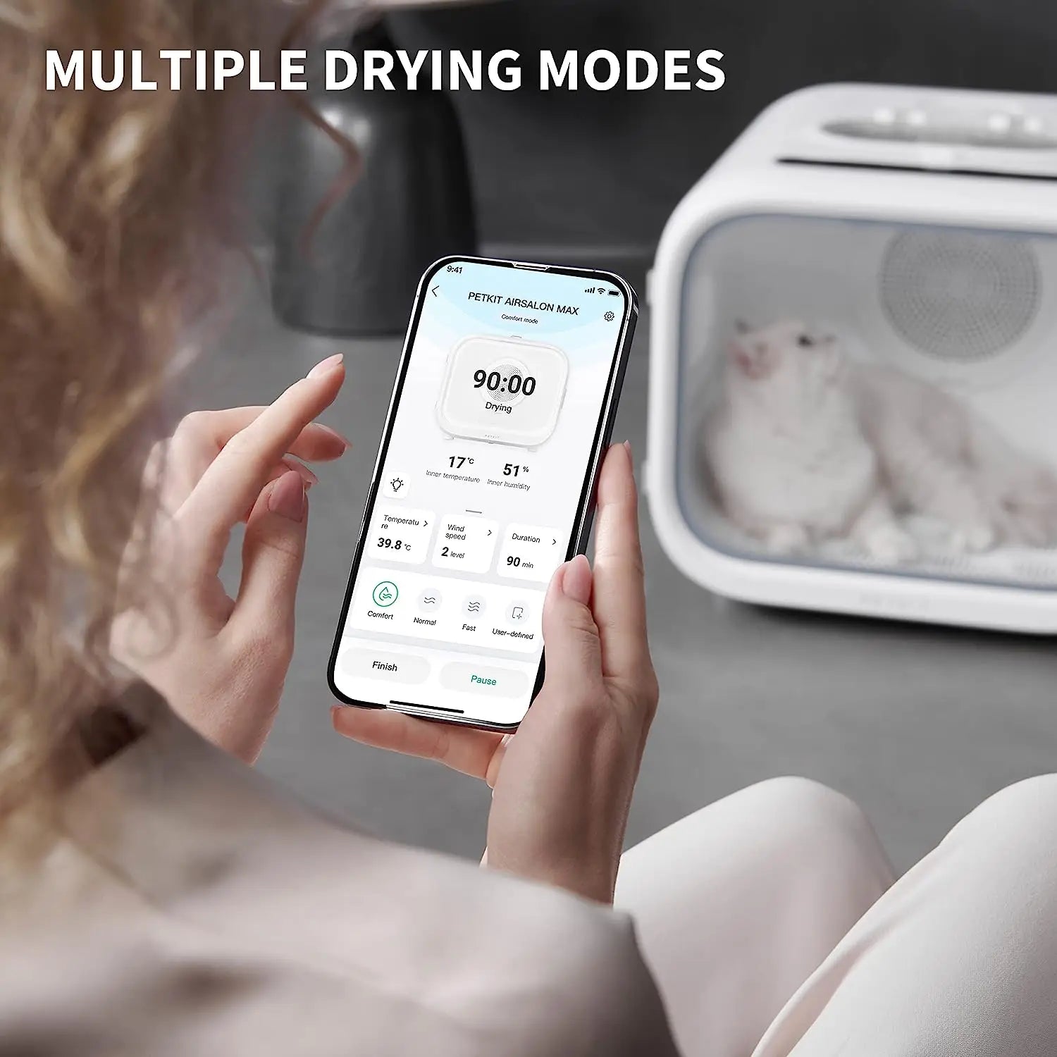 Automatic pet drying box for cats and small dogs with temperature and air settings for stress-free grooming