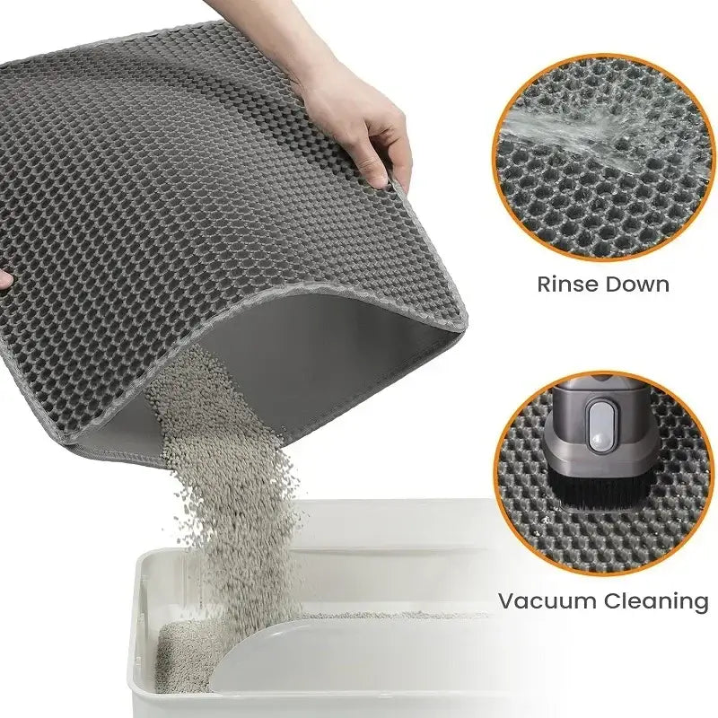 Double-layer waterproof cat litter mat made of soft EVA material for easy litter collection and floor protection.