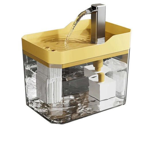 Transparent automatic cat water fountain with USB pump and recirculating filter system.
