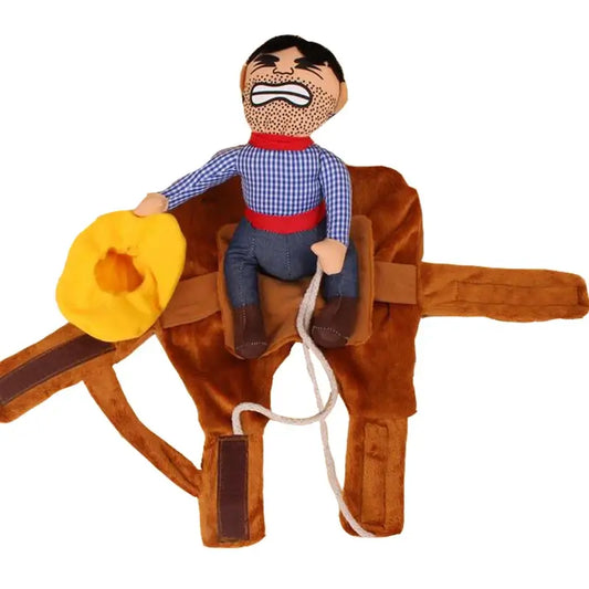 Dog dressed in a funny cowboy costume with a hat, vest, and bandana.