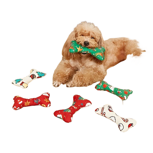Bone-shaped plush dog toy with squeaker, suitable for chewing and play