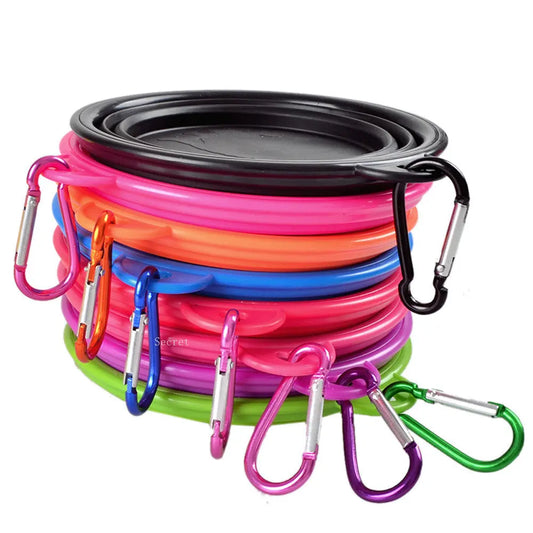 Collapsible silicone dog bowl for travel, camping, and hiking, lightweight and portable for outdoor pet feeding.