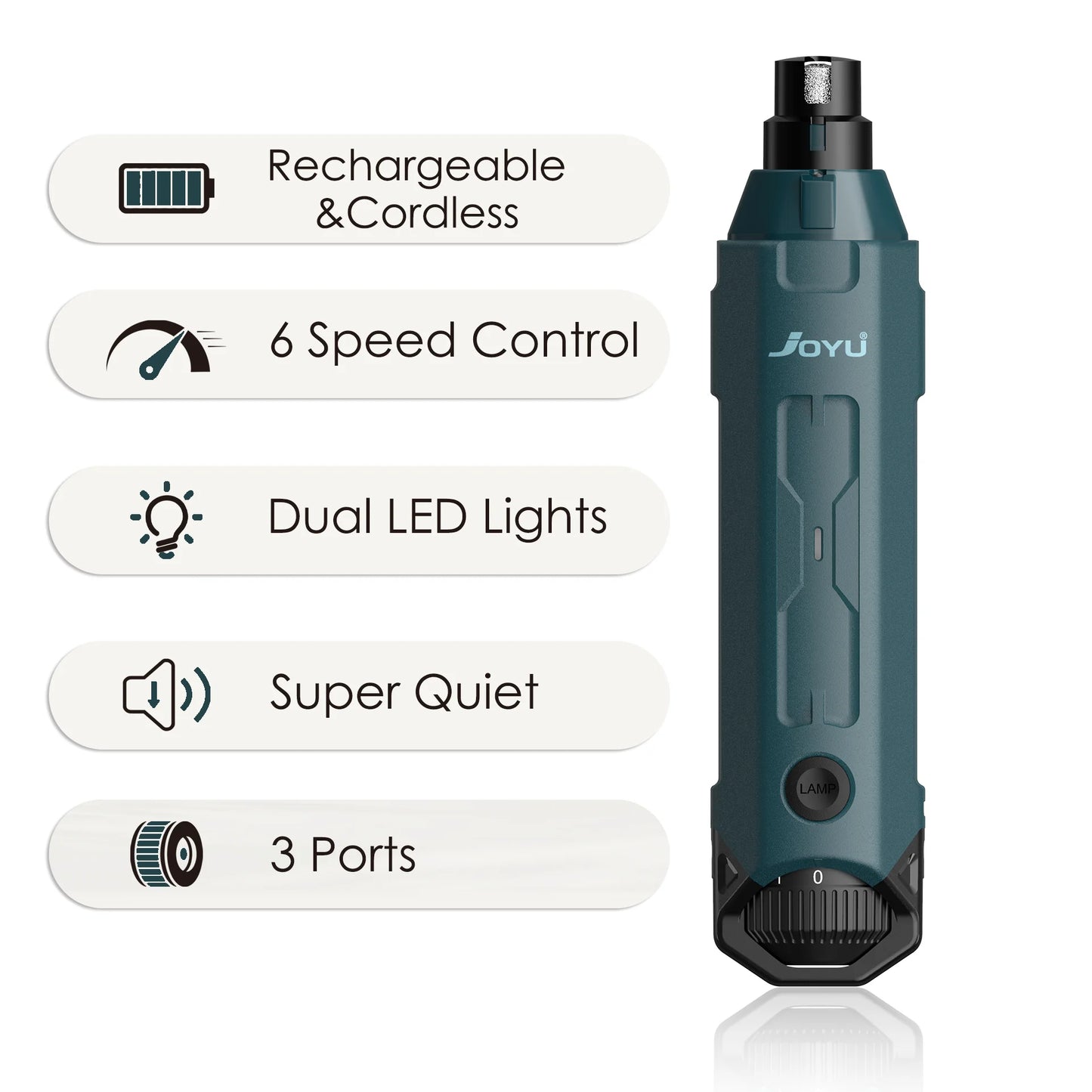 Rechargeable 6-speed dog nail grinder with LED lights and diamond bit for safe pet grooming