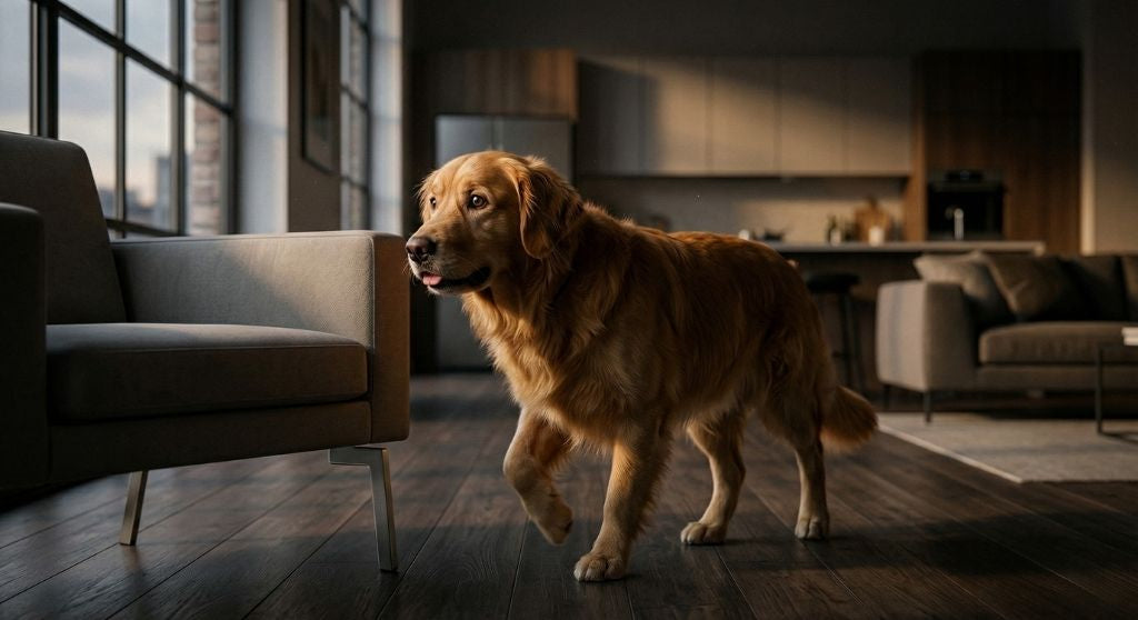 Anxious golden retriever pacing in apartment.