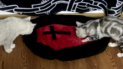 Cat sleeping in a Halloween-themed plush pet nest bed.