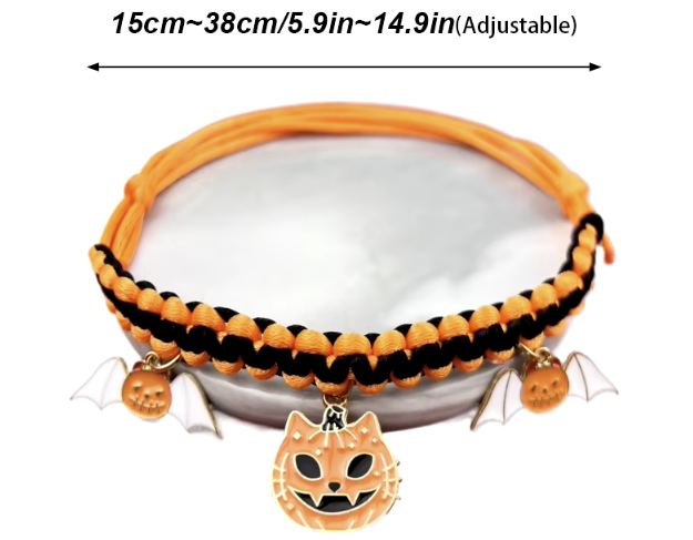 Hand-woven Halloween pet collar with pumpkin pendant for cats and small dogs