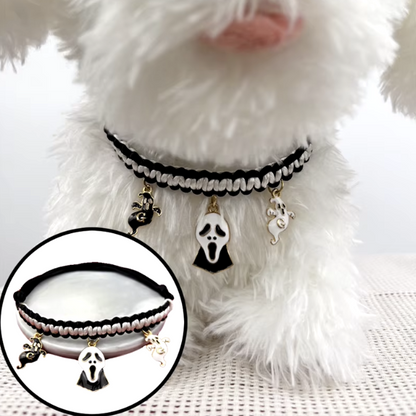 Cat wearing a Halloween breakaway collar with a small pumpkin pendant and festive woven design.