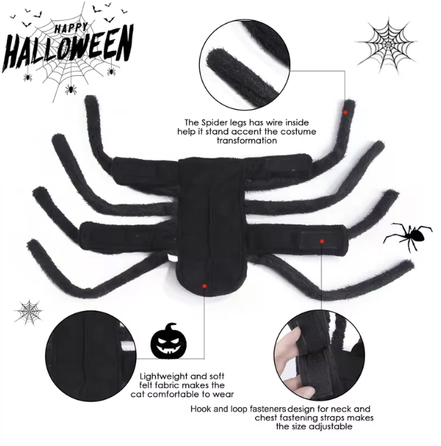 Halloween Dog Costume featuring a black spider design, perfect for festive celebrations and themed events. Available in multiple sizes for all dogs.