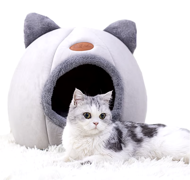 Cozy winter cat bed in cave design with removable cushion, perfect for keeping cats warm and comfortable during cold months.