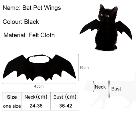 Cute black bat wings harness costume for pets, perfect for Halloween and cosplay, suitable for both cats and dogs.