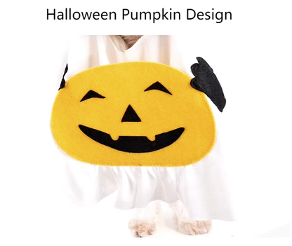 Halloween ghost costume for cats and dogs with pumpkin pocket and funny hat, perfect for spooky celebrations.