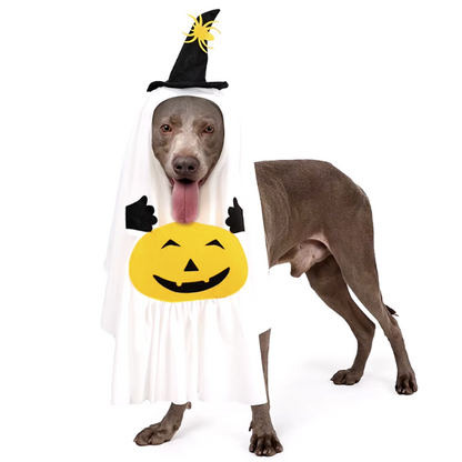 Halloween ghost costume for cats and dogs with pumpkin pocket and funny hat, perfect for spooky celebrations.