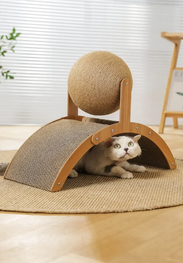 2 in 1 cat scratching ball featuring a sisal scratch board and wooden design, perfect for satisfying cats’ natural instincts and protecting furniture.