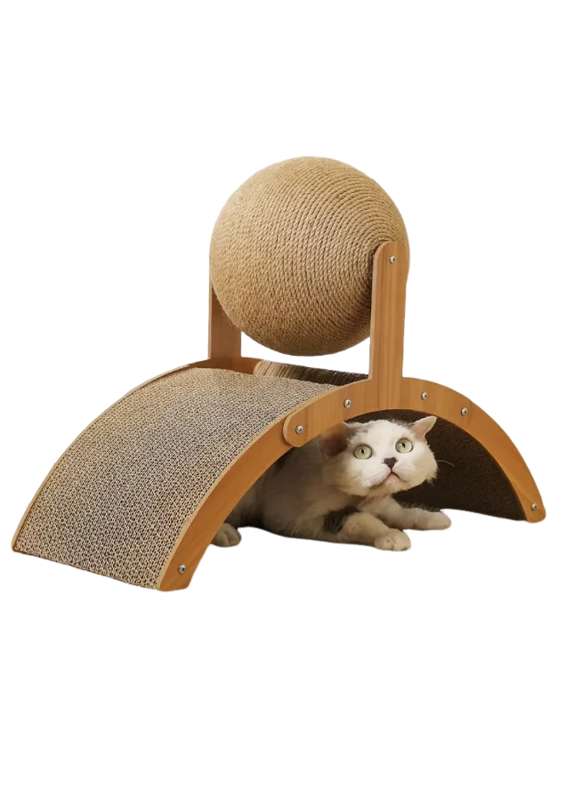 2 in 1 cat scratching ball featuring a sisal scratch board and wooden design, perfect for satisfying cats’ natural instincts and protecting furniture.