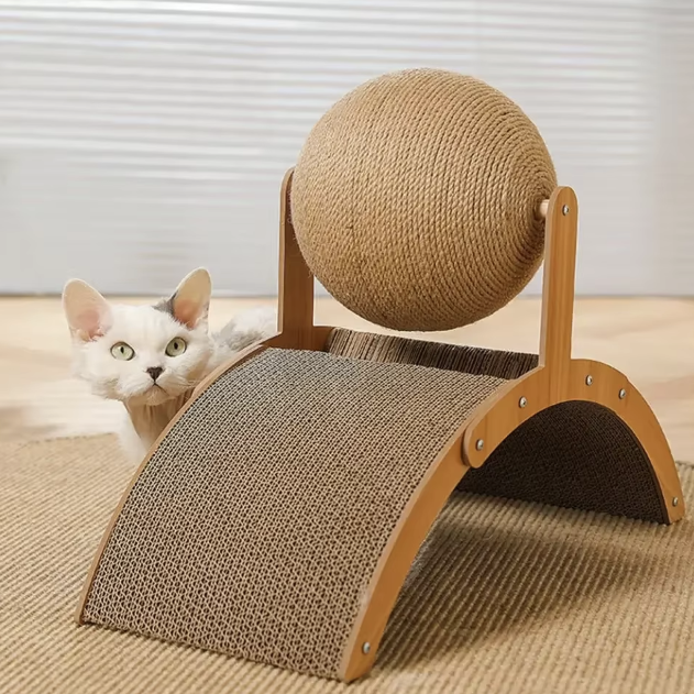 2 in 1 cat scratching ball featuring a sisal scratch board and wooden design, perfect for satisfying cats’ natural instincts and protecting furniture.