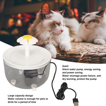 Silent automatic pet water fountain with continuous water flow for cats and dogs.
