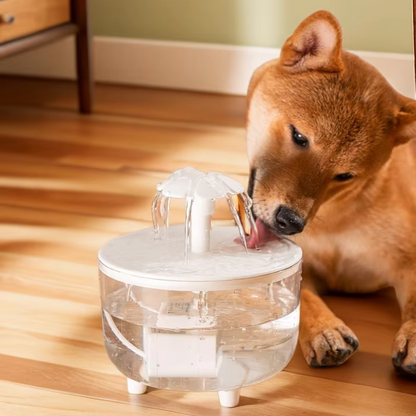 Silent automatic pet water fountain with continuous water flow for cats and dogs.