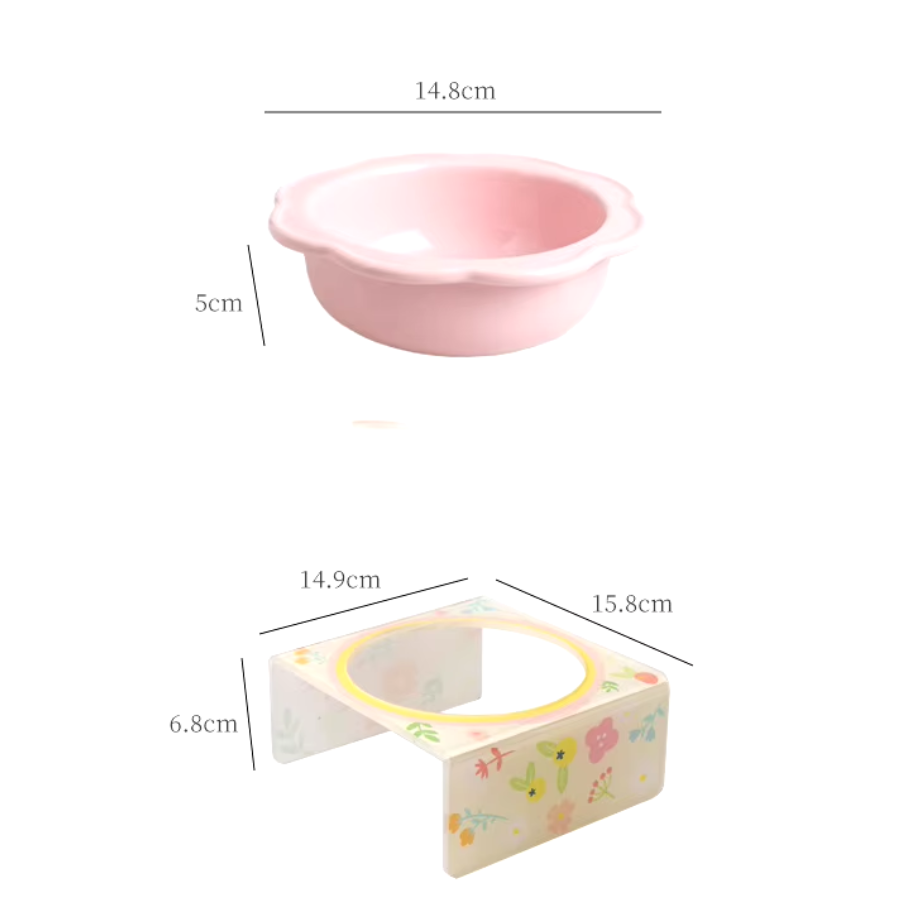 Cartoon flower-shaped ceramic pet bowl with acrylic holder for cats and small dogs