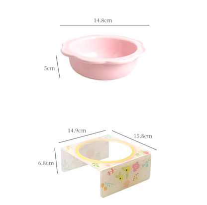 Flower-shaped ceramic pet bowl with clear acrylic stand for cats and dogs.