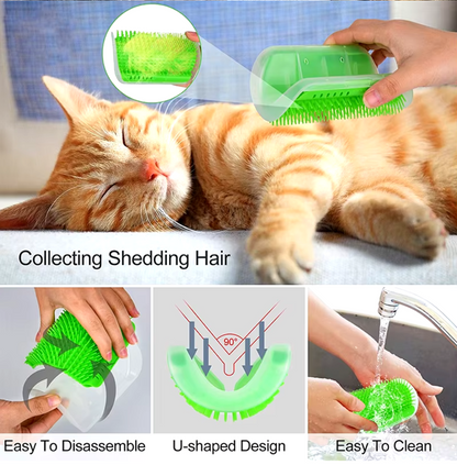 Self-grooming cat brush for hair removal and massage with easy wall attachment