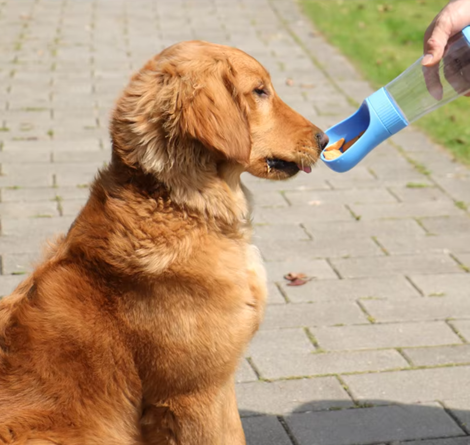 Portable 2 in 1 dog water bottle with food dispenser, perfect for outdoor walks and adventures, ensuring hydration and nutrition for your pet.