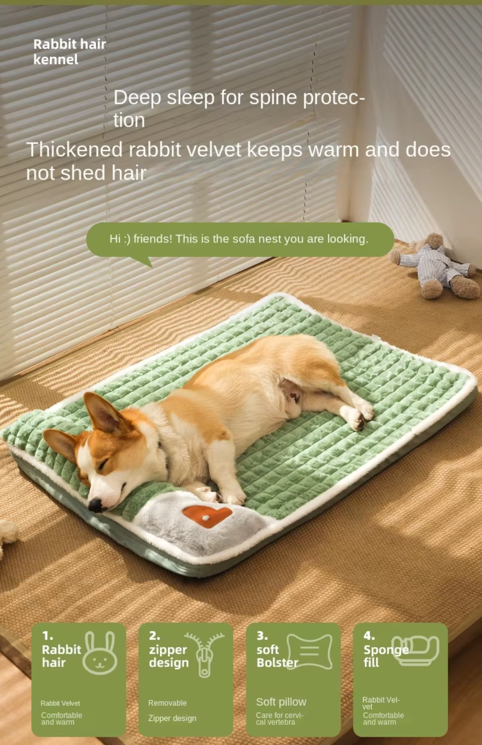 Thickened pet bed mat with plush fabric, washable cover, and anti-slip base, providing winter warmth for cats and dogs.