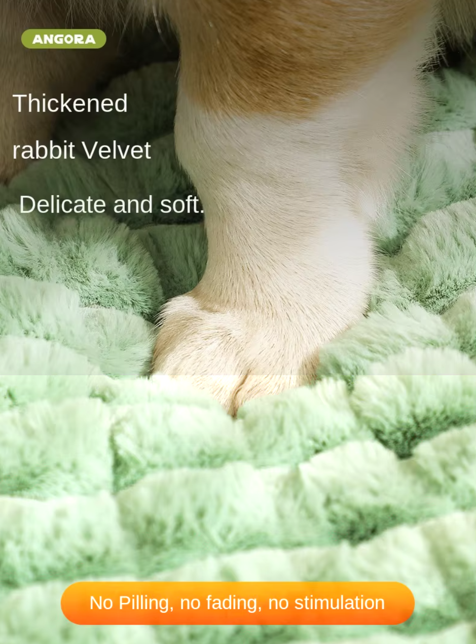 Thickened pet bed mat with plush fabric, washable cover, and anti-slip base, providing winter warmth for cats and dogs.