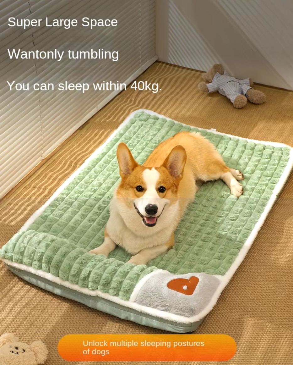 Thickened pet bed mat with plush fabric, washable cover, and anti-slip base, providing winter warmth for cats and dogs.