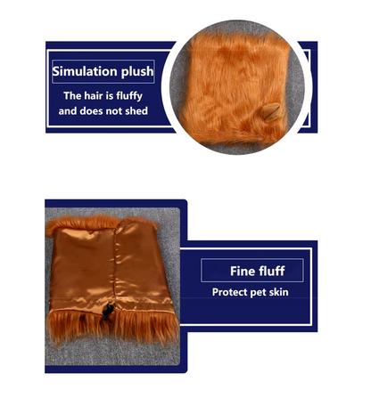 Dog wearing a fluffy lion mane costume hat.