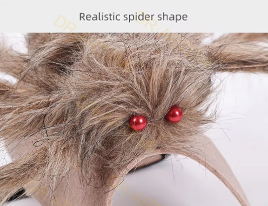 Dog wearing a giant plush spider costume for Halloween with funny, spooky legs.