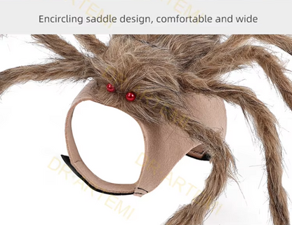 Dog wearing a giant plush spider costume for Halloween with funny, spooky legs.