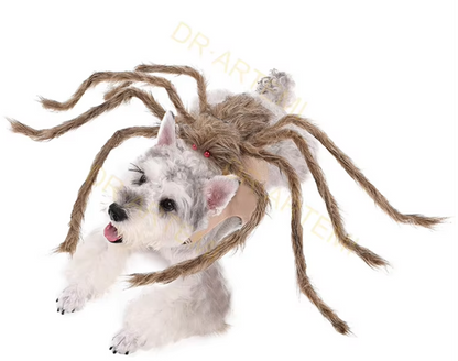 Dog wearing a giant plush spider costume for Halloween with funny, spooky legs.