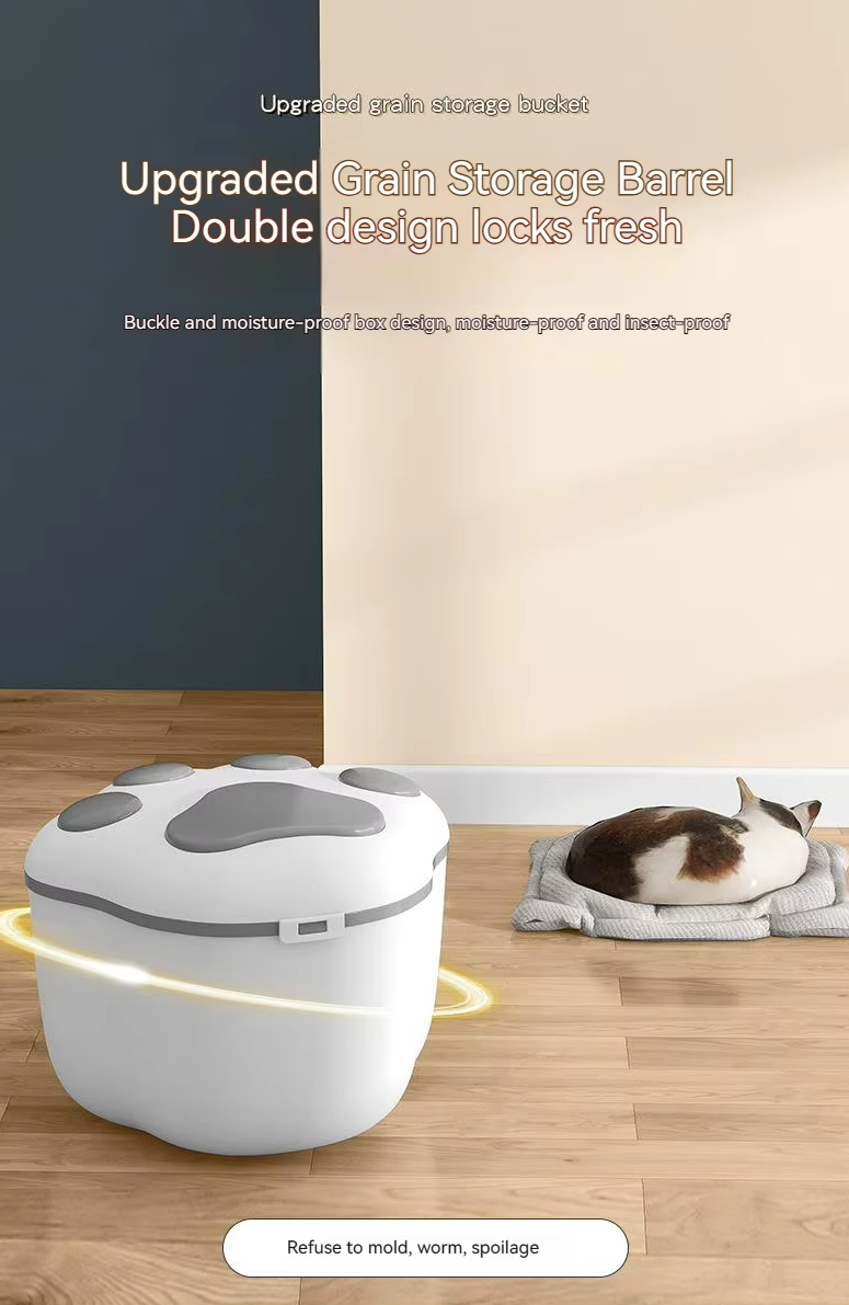 Moisture-proof and fresh-keeping pet food storage bucket, available in large and small sizes for cat and dog food, with multiple color options.